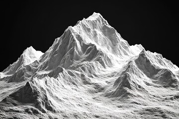 Monochrome Abstract Mountain Range Texture, White Topography on Black Background, 3D Render