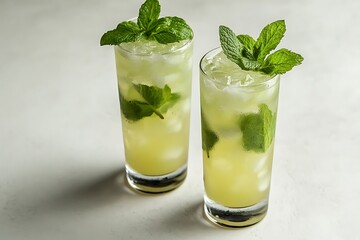 Refreshing mint lime cocktails perfect for summer ice cold drinks in tall glasses with bright green mint garnish clean