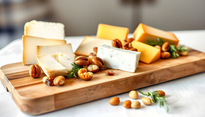 Cheese party table, perfect holiday appetizer with nut on rustic wooden board, watercolor. with white shades