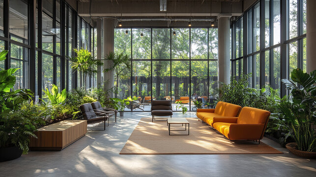 Bright and airy co working space with lush greenery and modern furniture