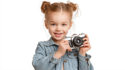 A vivid depiction of playful girl posing with camera in grey dress, ideal for creative, commercial, or editorial purposes.