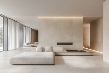Beige Minimalist Modern Open Plan Living Room Interior Design
