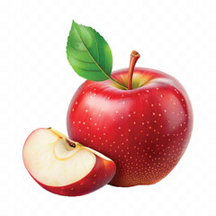 realistic 3d red apple with slice and green leaves  isolated on transparent background