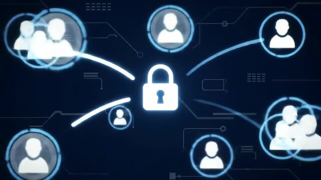 Cybersecurity concept animation with glowing padlock icon protecting network of user profiles, symbolizing personal data privacy, online security, information protection, cyber threat defense - Powered by Adobe