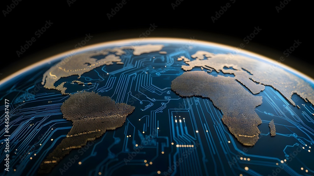 Poster the image shows a stylized representation of the earth as a circuit board, with continents depicted 