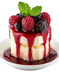 Creamy layered dessert delight with fresh raspberries blueberries blackberries mint and fruity glaze