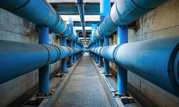 Long rows of blue water pipes extend down an underground corridor, flanked by concrete walls and illuminated by bright artificial lights, showcasing industrial design and infrastructure.