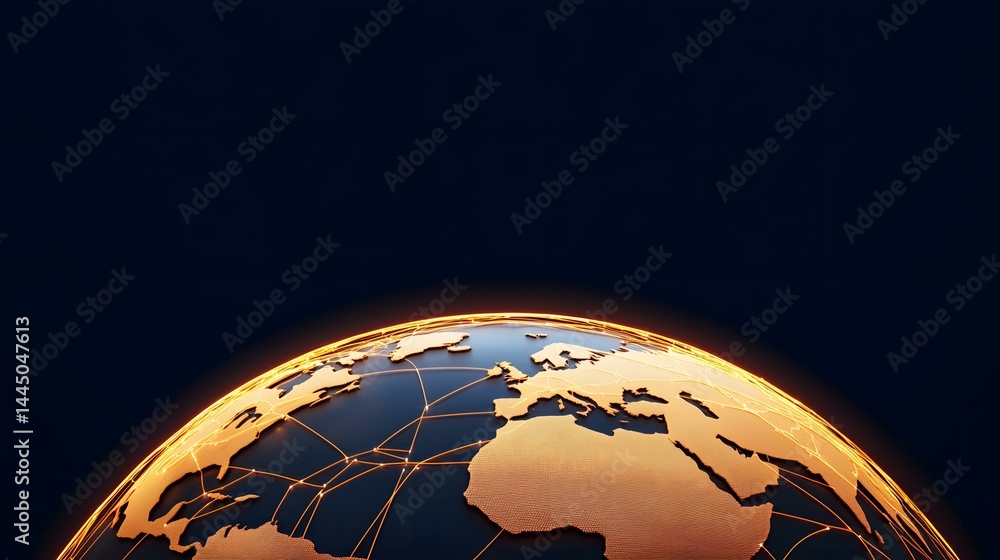 Poster the image shows a metallic, gold-toned globe on a black background. glowing orange lines connect var