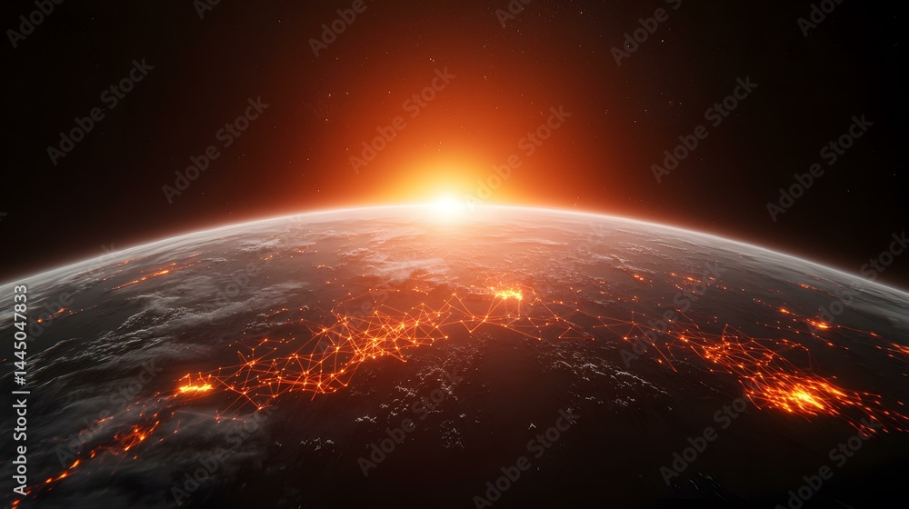 Poster the image shows a stylized representation of earth from space at sunrise, with glowing orange lines 