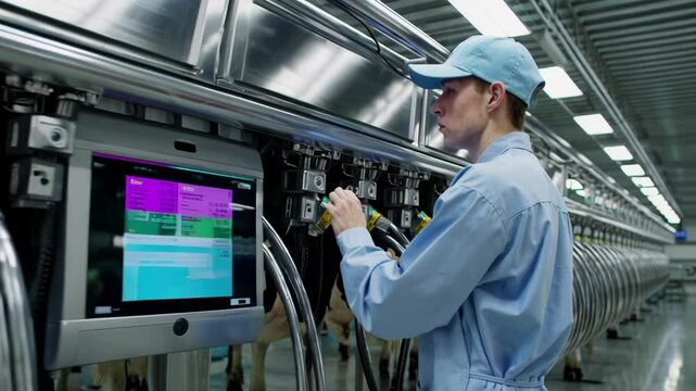 Farm Worker Inspecting Modern Dairy Milking System