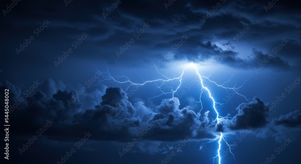 Poster a bright flash of lightning strikes through the dark stormy clouds in the night sky creating a spect