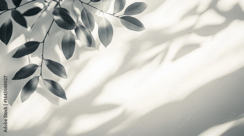 Poster serene monochrome botanical scene of cascading leaves casting intricate shadows on white minimalist 