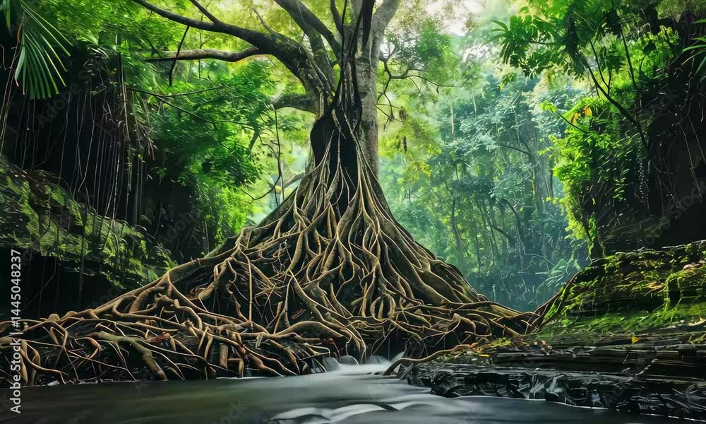 Poster a magnificent tree stands tall with sprawling roots extending into a gentle stream. sunlight filters