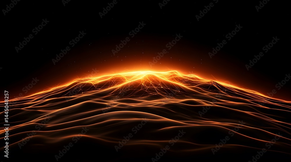 Poster the image shows a dark, undulating landscape illuminated by glowing orange lines resembling energy o