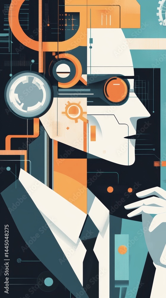 Poster robot portrait with geometric forms and retro design modern art style in blue orange and ivory color