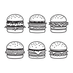Modern line art sketch of a hamburger with fresh ingredients