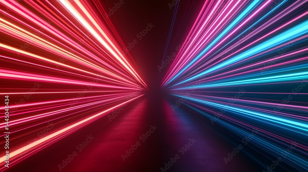 Poster the image contains vibrant pink and blue neon light streaks radiating outwards from a central vanish