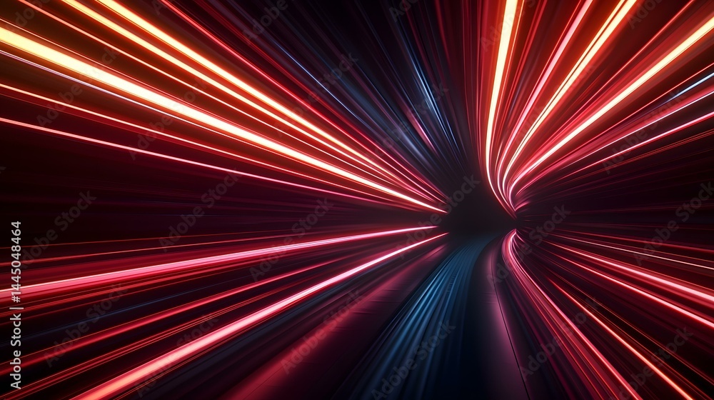 Poster the image shows an abstract depiction of light trails, resembling a tunnel or vortex of bright red a