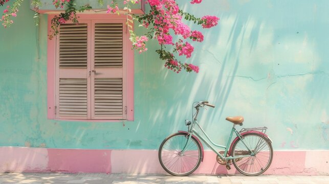 Pastel building bicycle pink flowers summer serenity vintage