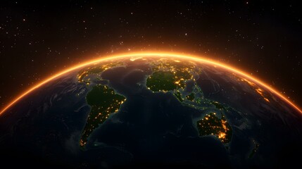 The image shows a nighttime view of Earth from space, with city lights illuminating the continents against a backdrop of stars and a glowing orange horizon.