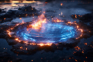 Molten Metal Pool Surrounded by Jagged, Charred Rocks with Flames Rising and Flickering Shadows, Creating a Dynamic and Intense Scene of Heat and Power