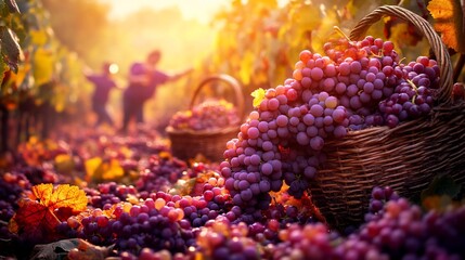 Vineyards harvest with fresh grapes and golden sunlight at harvest time