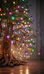 Obraz premium Dazzling tree, colorful ornaments, glowing fairy lights, blurred background, joyful, merry