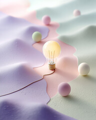 Creative Lightbulb Concept on Pastel Textured Landscape with Spheres