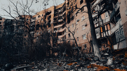 destroyed and burned houses in the city in Ukraine