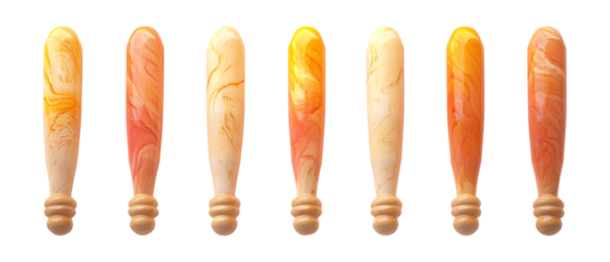 A row of seven wooden wax seal stamps displays various warm marbleized color patterns against a bright transparent background for crafting.