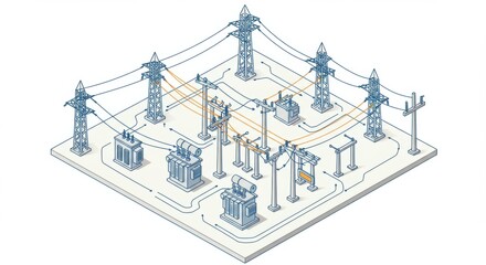 Electrical Power Distribution Network Isometric Illustration for Energy Technology and Infrastructure Design Projects