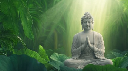 Buddha Statue Meditating Peacefully in a Lush Green Lotus Garden with Sunlight Filtering Through Foliage