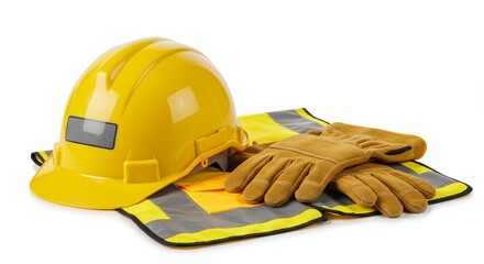 Essential construction safety gear featuring hard hat gloves and reflective vest for workplace protection and compliance