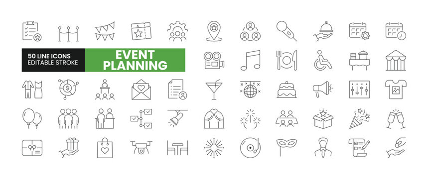 Set of 50 Event Planning line icons set. Event Planning outline icons with editable stroke collection. Includes Tickets, Event Manager, Registration, Budgeting, Gifts, and More.