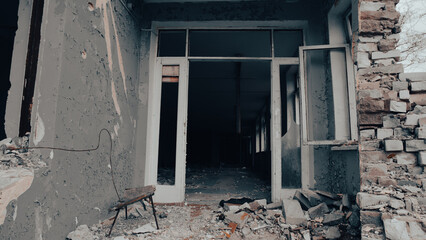 destroyed and burned houses in the city in Ukraine