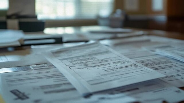 Documents on Desk, stacked documents on a wooden table, showcasing various forms and papers, with a blurred background of an office environment, representing organization and paperwork management