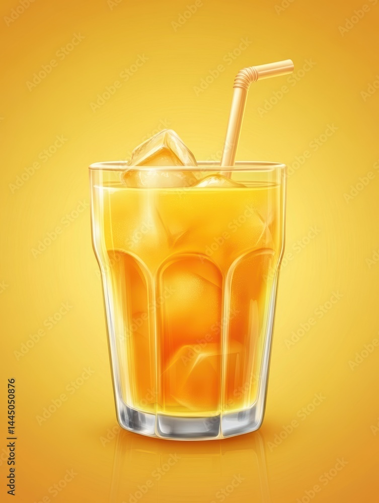 Poster refreshing orange juice with ice cubes and straw in a glass on a bright background close up view