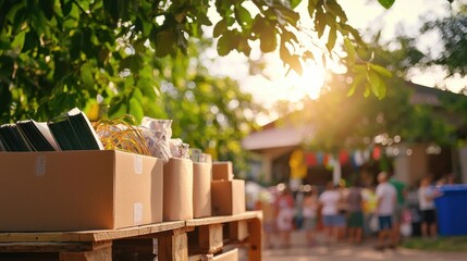 Community Gathering in Church Yard with Boxes of Supplies and Sunlight Filtering Through Greenery