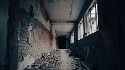 destroyed and burned houses in the city in Ukraine