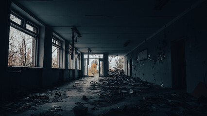 destroyed and burned houses in the city in Ukraine