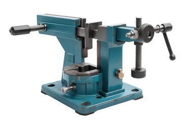 Heavy-duty blue metal bench vise for workshop isolated on a transparent background