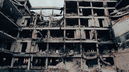 destroyed and burned houses in the city in Ukraine