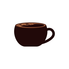 Dark brown coffee cup filled with frothy coffee, viewed from a side angle. Simple, flat design ideal for cafe branding, app icons, or menu graphics in modern and cozy styles.