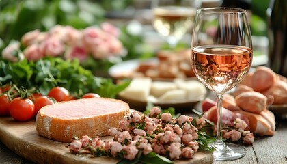 Ros? wine with charcuterie, cheese, and fresh produce on rustic table