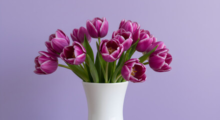 Fototapeta premium Purple Tulips in a White Vase Beautiful Spring Flower Bouquet isolated on transparent background