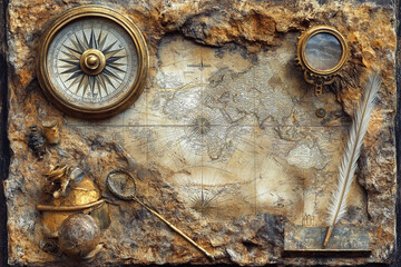 A vintage map surrounded by a compass, magnifying glass, quill and other vintage travel equipment