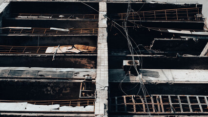destroyed and burned houses in the city in Ukraine