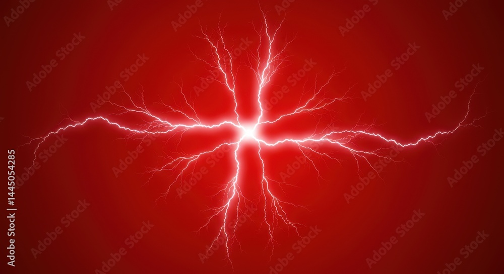 Poster white lightning strike with branching paths on a solid red background in a central symmetrical patte