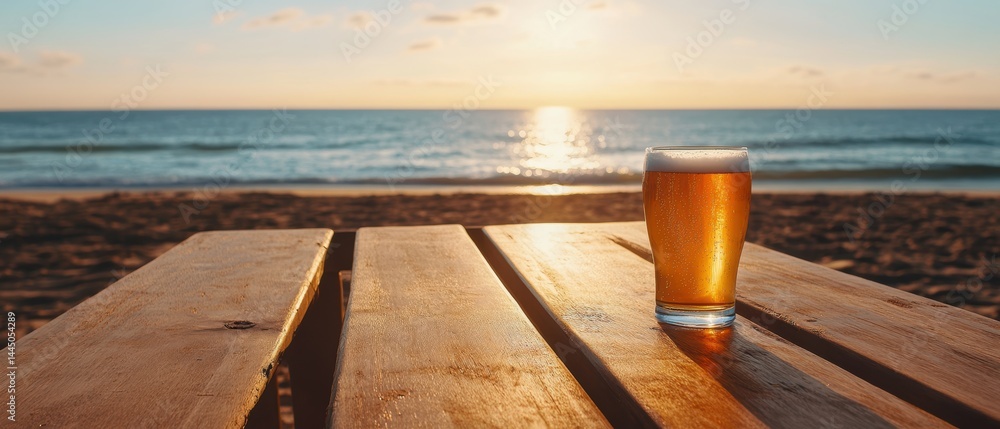 Aufkleber refreshing beer on wooden table at the beach during a warm sunset creating a tranquil atmosphere and