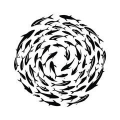 Black Fish School Silhouette Circling Forming Sphere Shape on White Background